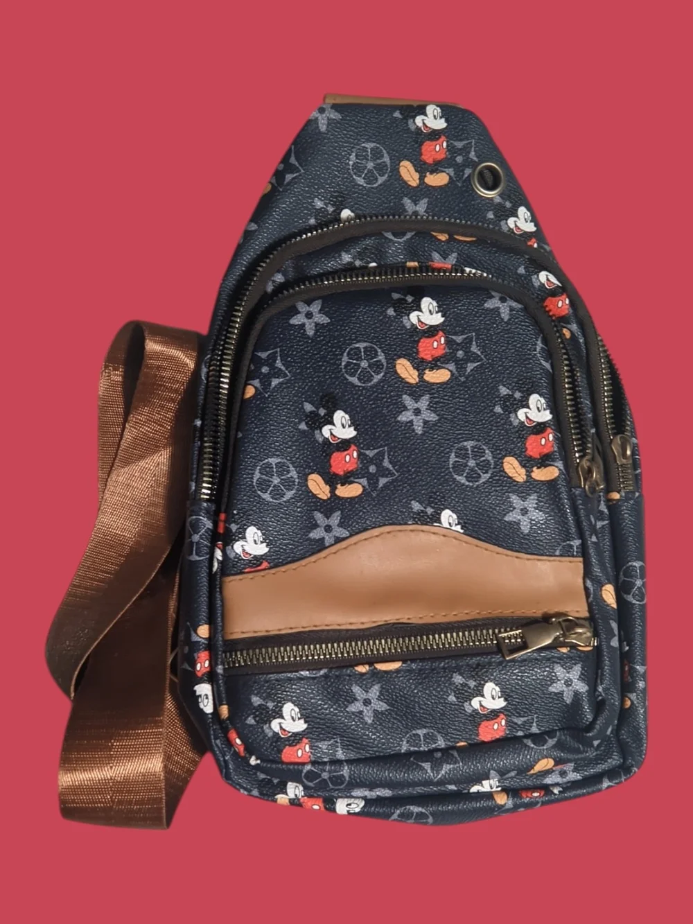 Men's Black Mickey Print Sling Bag with Brown Trim